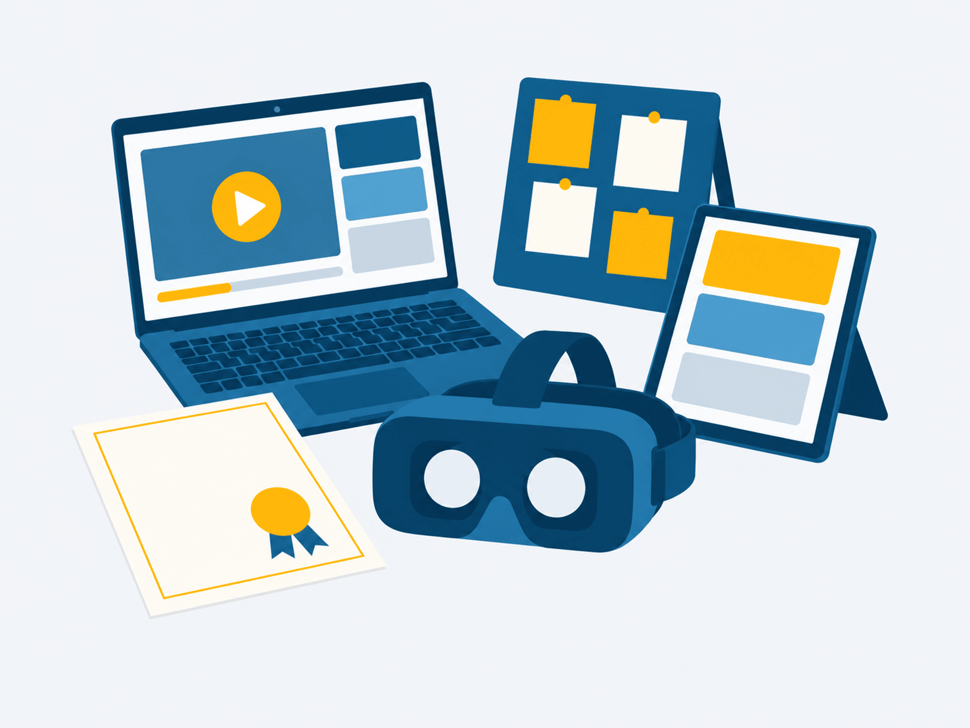Обучение в ЦОПП: VR-очки, ноутбук с онлайн-курсом, планшет с курсами, доска со стикерами и сертификат